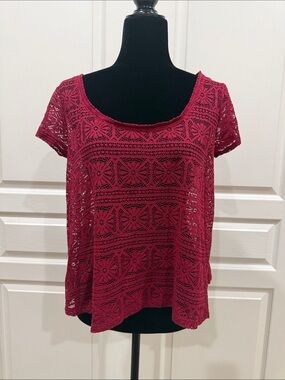 American Eagle Outfitters Berry Crochet Lace Short Sleeve Tee